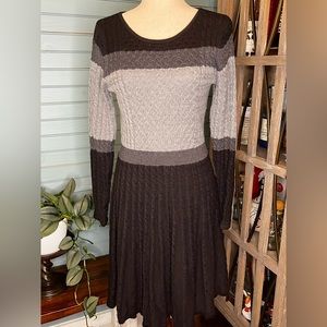 Calvin Klein Striped Black and Two-Toned Gray Cable Knit Sweater Dress